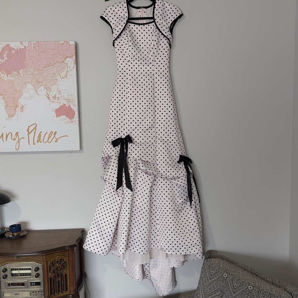 Jessica McClintock Gunee Sax Pink and Black Polka Dot Gown